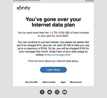 Xfinity email regarding data cap limit usage
