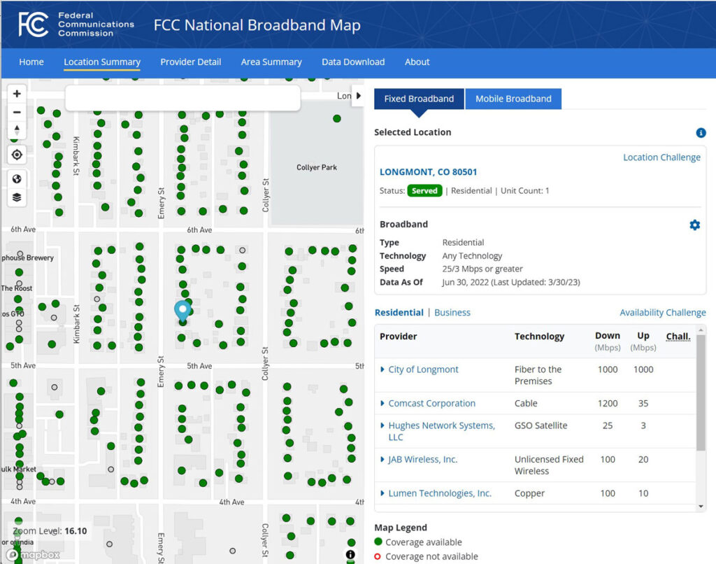 FCC National Broadband Map - Longmont Colorado | StreamWise Solutions